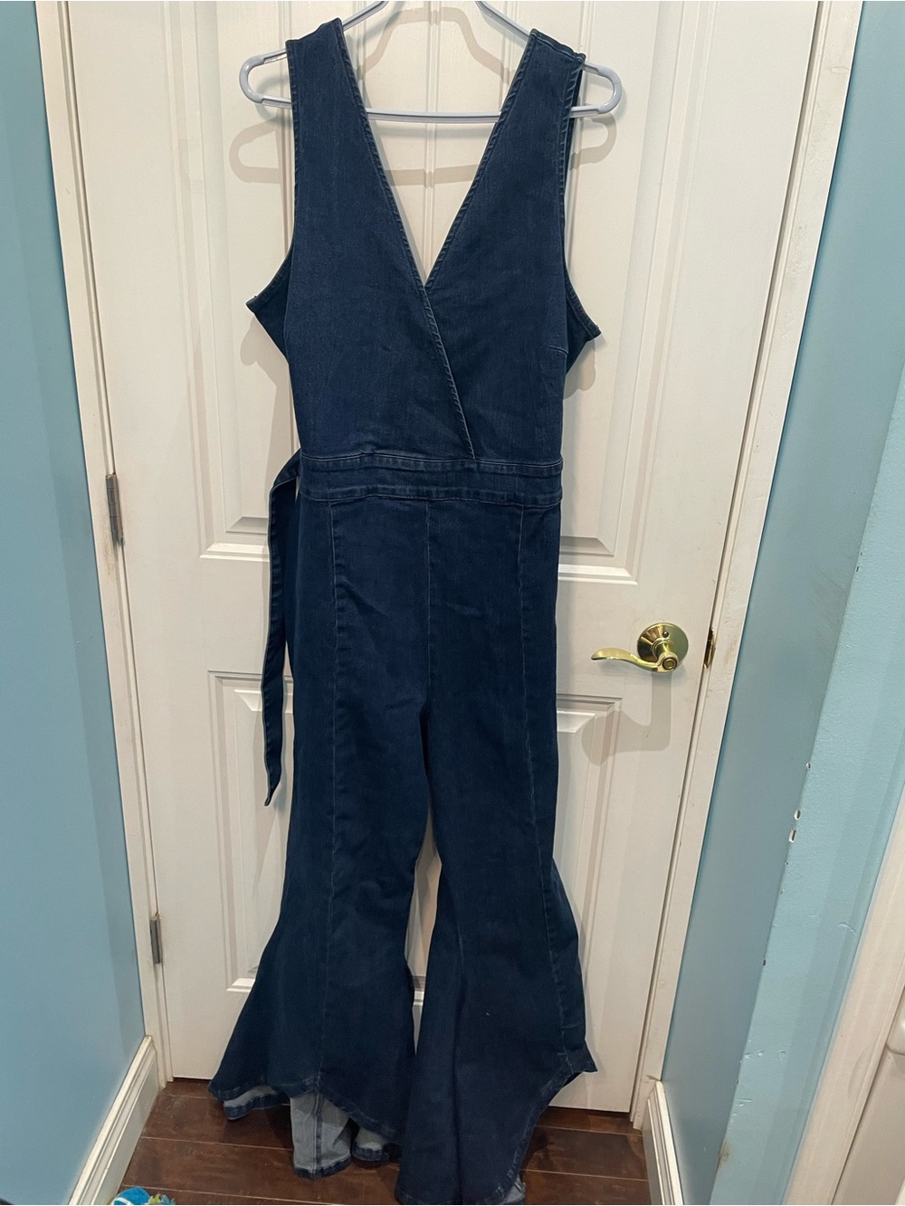 Plus size VENUS Navy Denim Flared Jumpsuit with tie around waste